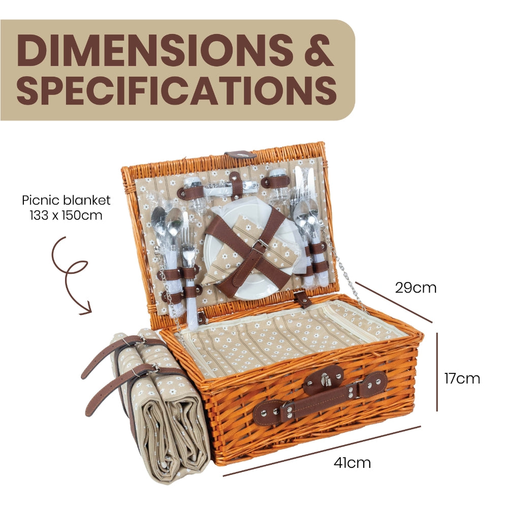 Classic Full Willow Wicker Basket – 4-Person Picnic Set with Blanket - Sand Flower