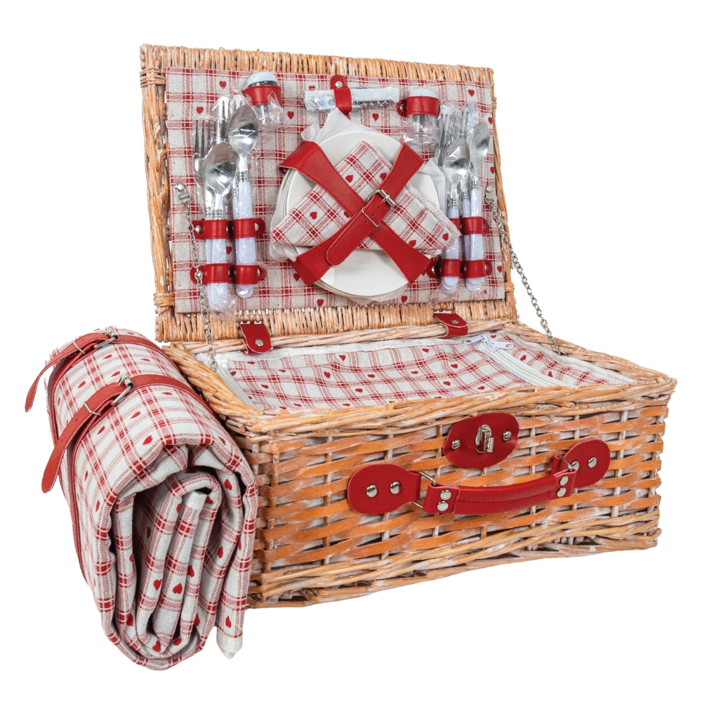 Classic Full Willow Wicker Basket – 4-Person Picnic Set with Blanket - Red Hearts