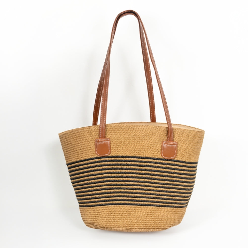 ZY-064 – حقيبة كتف من القش المنسوج | لون بني فاتح مع لمسات مخططة