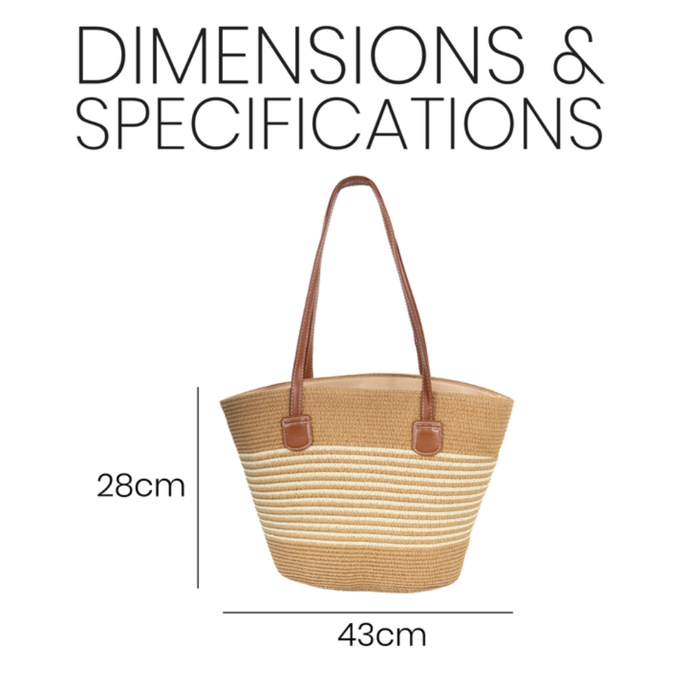 ZY-064 – حقيبة كتف من القش المنسوج | لون بني فاتح مع لمسات مخططة