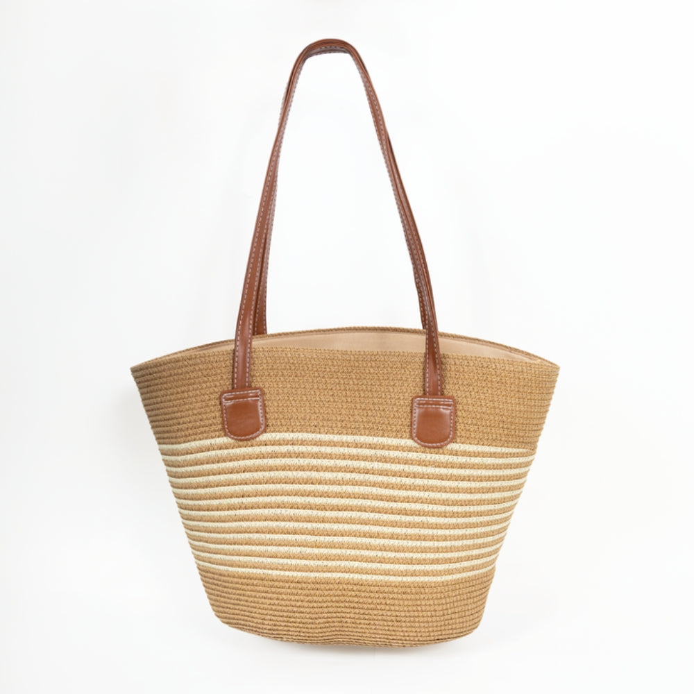 ZY-064 – حقيبة كتف من القش المنسوج | لون بني فاتح مع لمسات مخططة