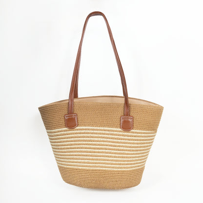 ZY-064 – Woven Straw Shoulder Tote | Camel with Striped Accent
