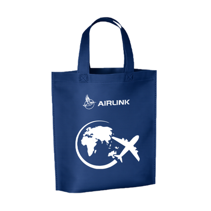 Bags Direct navy blue tote bag with matching handles, a white Airlink logo and a large white globe and airplane graphic on the front.