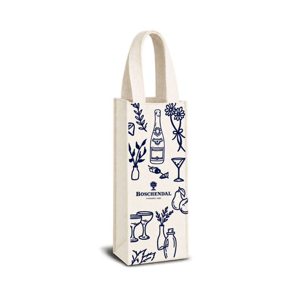 Bags Direct Cream single-bottle wine carrier with matching fabric handles, Boschendal branding and navy line illustrations of bottles, glasses, flowers, foliage and fruit.