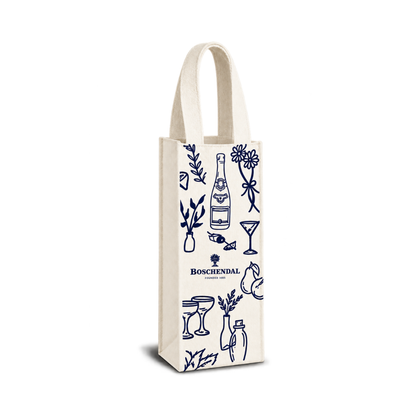 Bags Direct Cream single-bottle wine carrier with matching fabric handles, Boschendal branding and navy line illustrations of bottles, glasses, flowers, foliage and fruit.