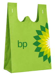 Bags Direct lime green vest handle bag with a dark green BP wordmark and a large cropped green, yellow and white sunburst logo along the right edge.