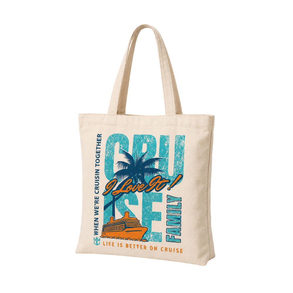 Bags Direct cream tote bag with long matching handles, turquoise cruise lettering, a navy palm tree, an orange cruise ship and the slogans “I Love It!” and “Life Is Better on Cruise.”