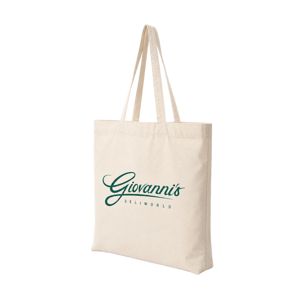 Bags Direct cream tote bag with long matching handles and a centred dark green Giovanni’s Deliworld logo on the front.