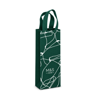 Bags Direct dark green M&S Food single-bottle wine carrier with matching handles, plain green side panels, overlapping white bottle outlines and white branding near the base.