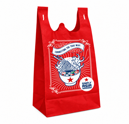 Bags Direct red vest handle takeaway bag featuring an illustrated noodle bowl with chopsticks, a decorative white border, Simply Asia branding and “Connecting the Thai Way” lettering.