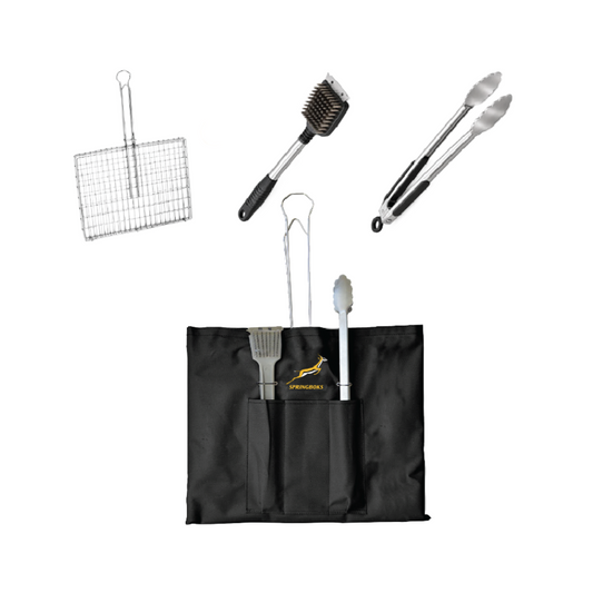 Bags Direct black Springboks braai bag with front pockets holding a spatula and tongs, a grid handle protruding above, and a separate grid, brush and tongs displayed overhead.