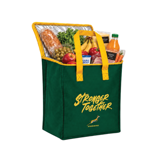 Bags Direct green Springboks cooler with yellow handles and trim, “Stronger Together” lettering and an open silver-lined lid, filled with groceries.