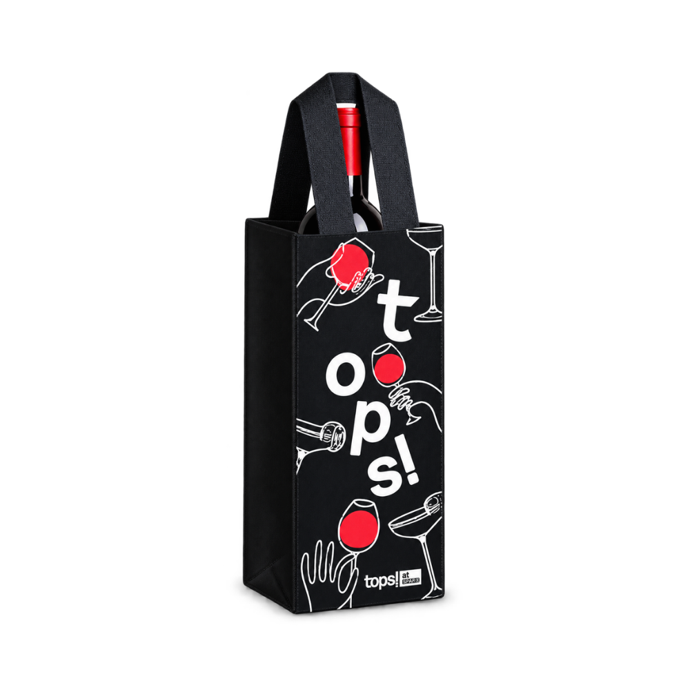 Bags Direct black single wine carrier with matching handles, white TOPS at SPAR lettering and line drawings of hands holding red-filled wine glasses, with a wine bottle inside.