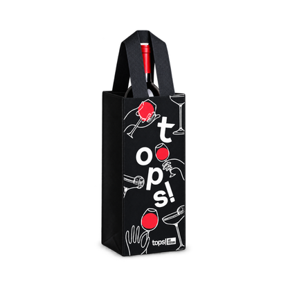 Bags Direct black single wine carrier with matching handles, white TOPS at SPAR lettering and line drawings of hands holding red-filled wine glasses, with a wine bottle inside.