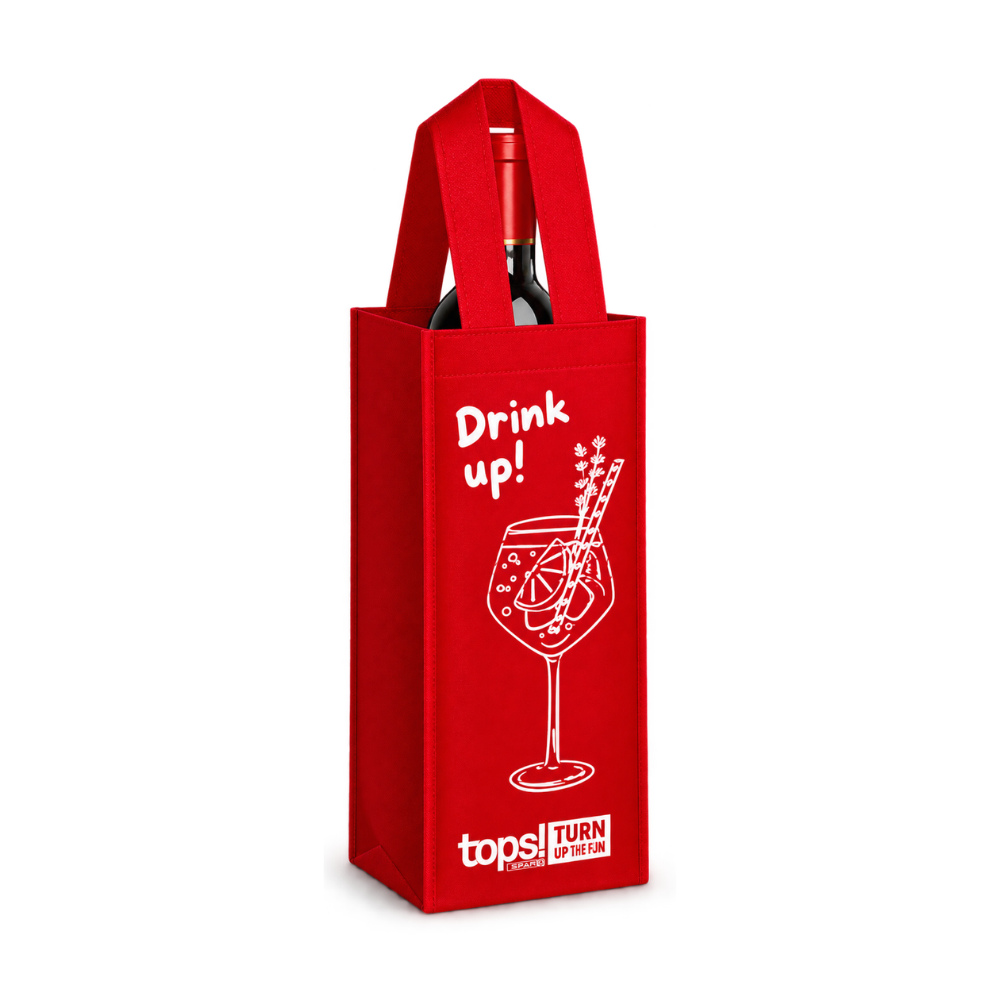 Bags Direct red single-bottle wine carrier with matching handles, a wine bottle inside, white “Drink up!” lettering, a cocktail glass illustration and TOPS at SPAR branding.