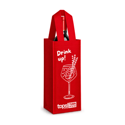 Bags Direct red single-bottle wine carrier with matching handles, a wine bottle inside, white “Drink up!” lettering, a cocktail glass illustration and TOPS at SPAR branding.