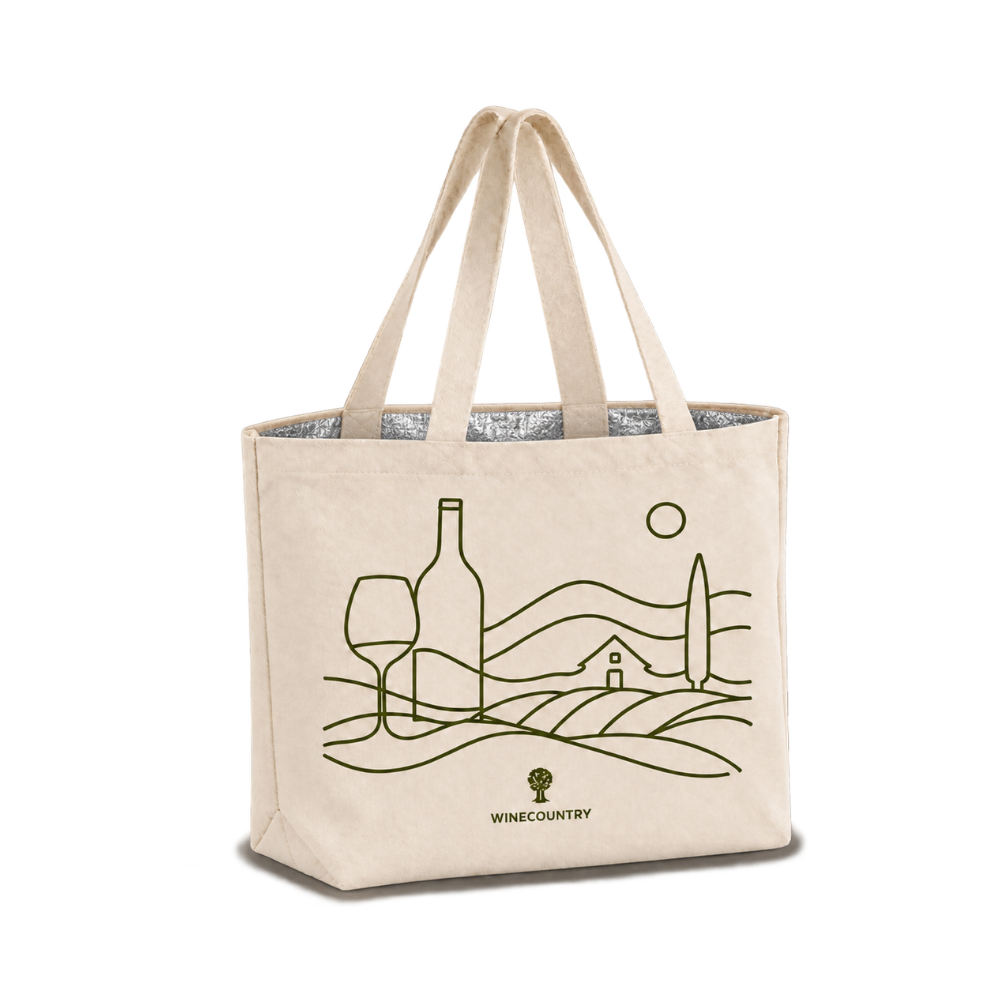 Bags Direct cream Winecountry cooler bag with matching long handles, silver insulated lining and olive-green illustrations of a wine bottle, glass and vineyard landscape.