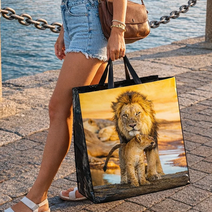 SHOP02-T - حقيبة تسوق تاكسي مغلفة قابلة لإعادة الاستخدام، بسحاب، بتصميم حيوانات برية متنوعة | ١٢٠ جرامًا للمتر المربع، ٥٦ لترًا