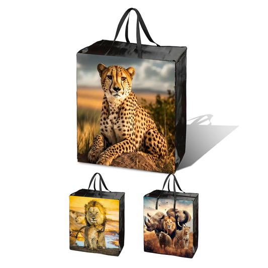 SHOP02-T - Assorted Wildlife Reusable Laminated Taxi Shopping Bag with Zipper | 120GSM, 56L