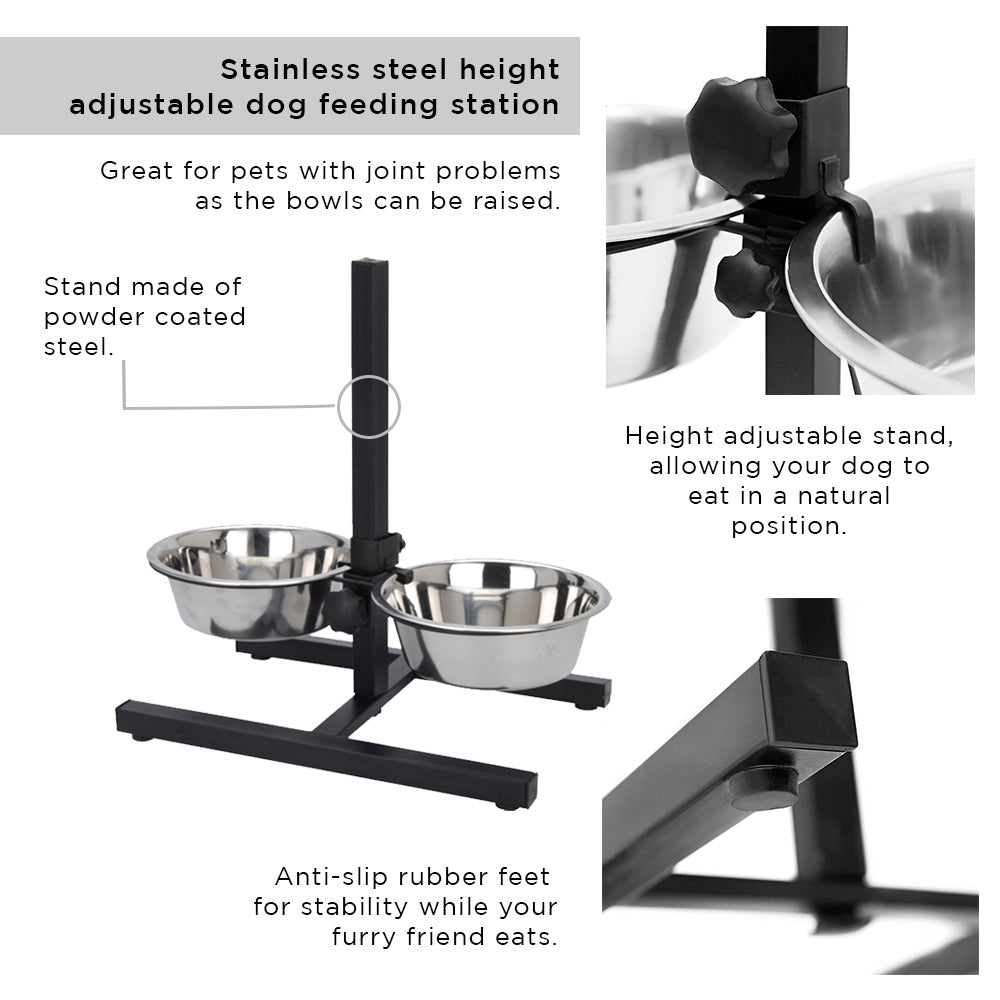 Pet Dog Bowl on Stand with Rubber Feet - Set of 2 - Stainless Steel