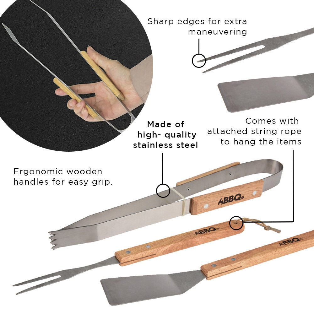 Barbecue Braai Tool Set - 3 Pieces - Chinese Hardwood & Stainless Steel