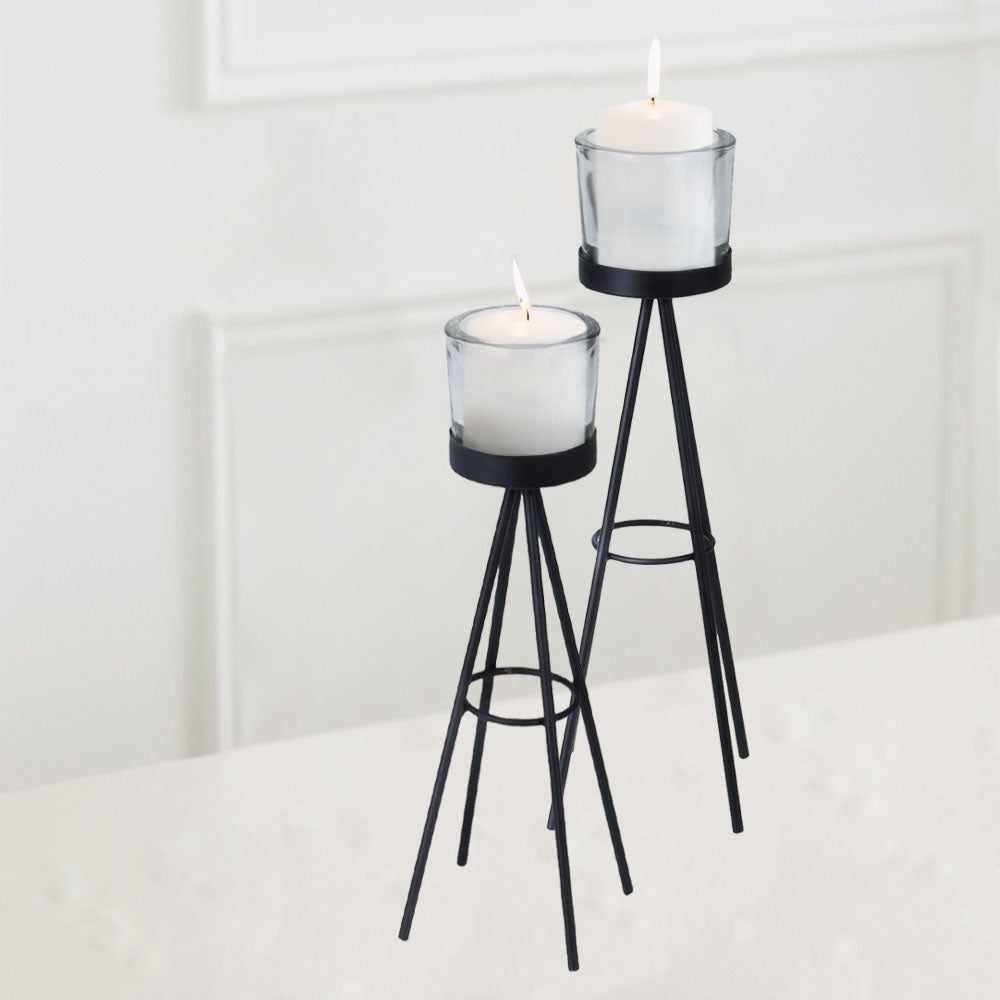 Metal Tealight Candle Holder with Glass - Set of 2 decorative candle holders made out of metal for durability and glass for tealight candles. Make a unique decoration in your home, office or work space. You can any tealight candle inside the glass. Set up light at multiple points in your environment. Bags Direct wholesale online shop CC5056044